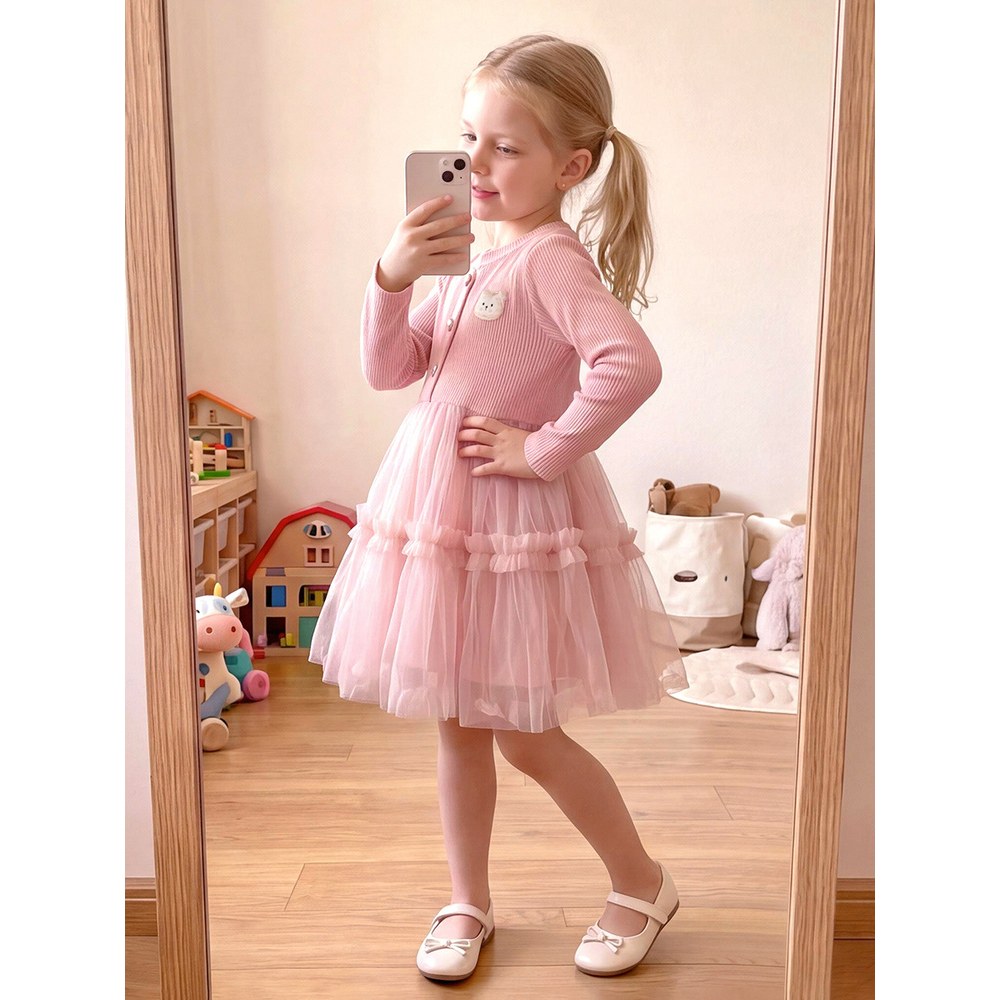 Baby Kids Girls Princess Cartoon Pattern Long Sleeves Tulle Dress