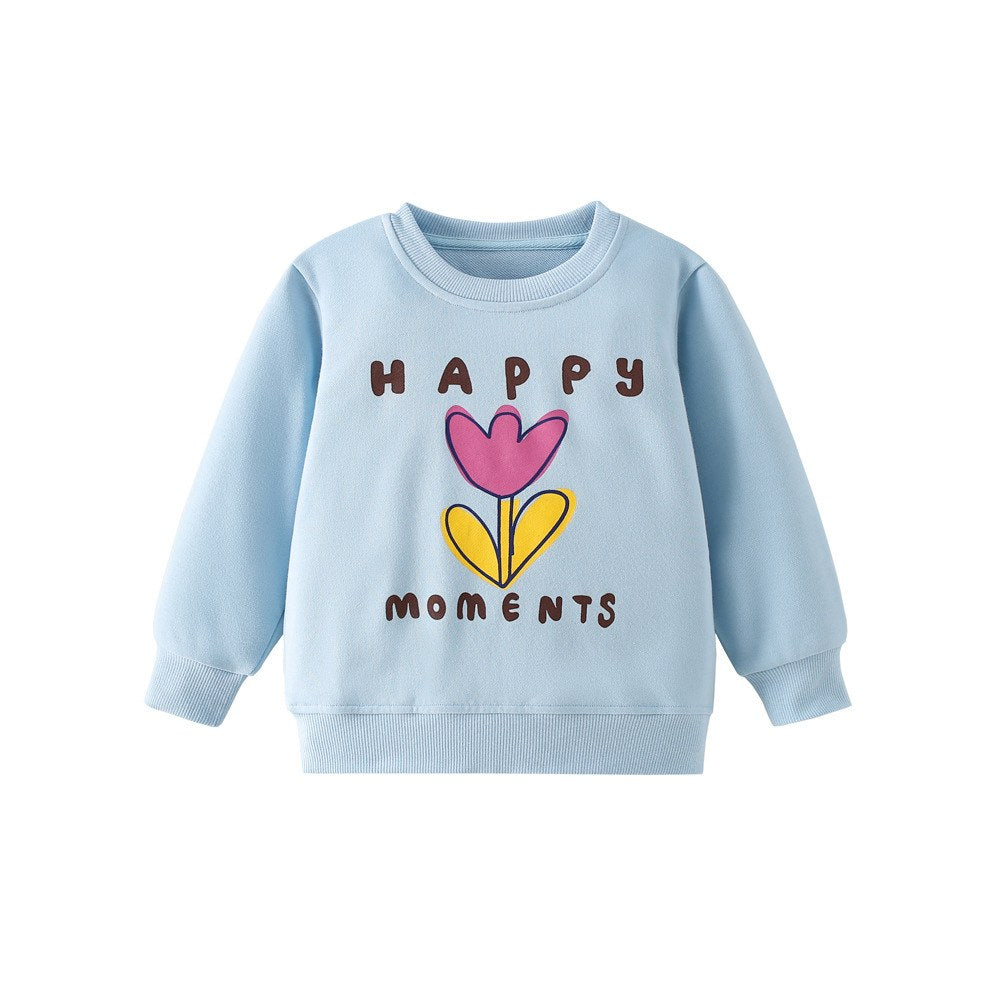 Kids Girls Flowers Cartoon Print Crew Neck Long Sleeves Sweatshirt