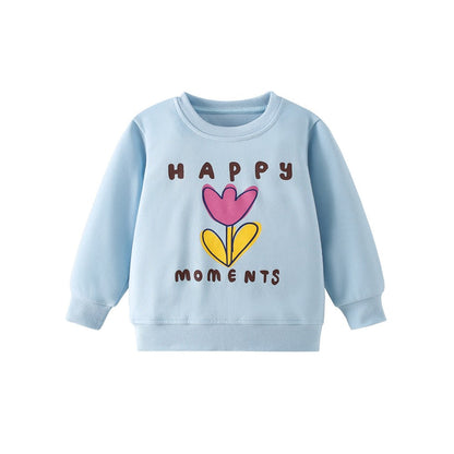 Kids Girls Flowers Cartoon Print Crew Neck Long Sleeves Sweatshirt