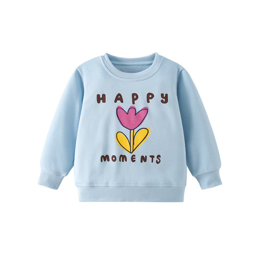Kids Girls Flowers Cartoon Print Crew Neck Long Sleeves Sweatshirt