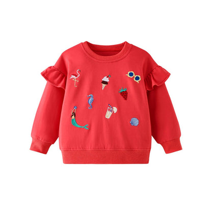 Kids Girls Cartoon Print Crew Neck Long Sleeves Sweatshirt