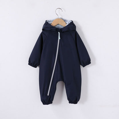 2026 Baby Hooded One Piece Suit Fleece Lined Warm Waterproof Windproof Zipper Coverall Rompers