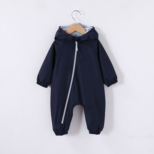 2026 Baby Hooded One Piece Suit Fleece Lined Warm Waterproof Windproof Zipper Coverall Rompers