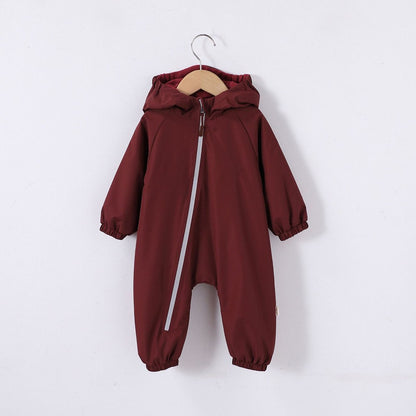 2026 Baby Hooded One Piece Suit Fleece Lined Warm Waterproof Windproof Zipper Coverall Rompers