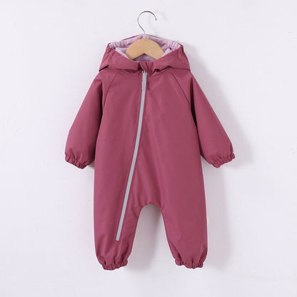 2026 Baby Hooded One Piece Suit Fleece Lined Warm Waterproof Windproof Zipper Coverall Rompers