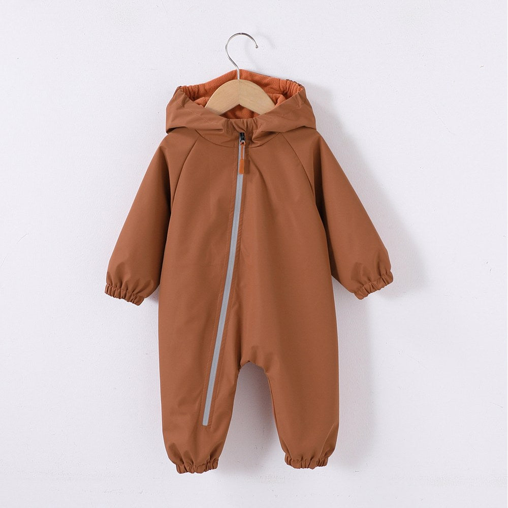 2026 Baby Hooded One Piece Suit Fleece Lined Warm Waterproof Windproof Zipper Coverall Rompers