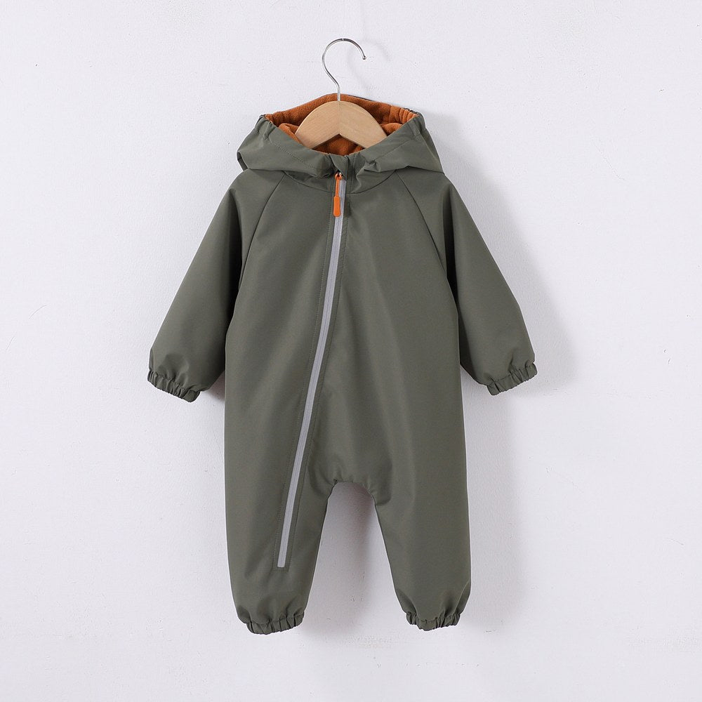 2026 Baby Hooded One Piece Suit Fleece Lined Warm Waterproof Windproof Zipper Coverall Rompers