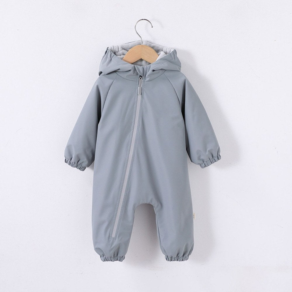 2026 Baby Hooded One Piece Suit Fleece Lined Warm Waterproof Windproof Zipper Coverall Rompers