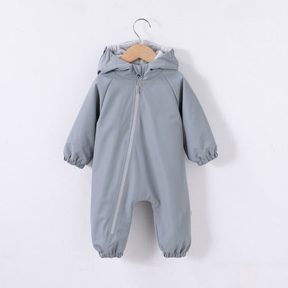 2026 Baby Hooded One Piece Suit Fleece Lined Warm Waterproof Windproof Zipper Coverall Rompers