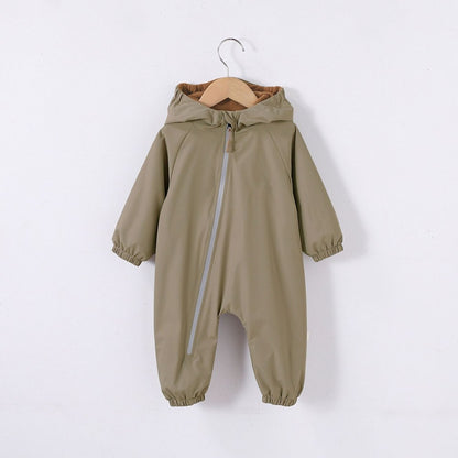 2026 Baby Hooded One Piece Suit Fleece Lined Warm Waterproof Windproof Zipper Coverall Rompers
