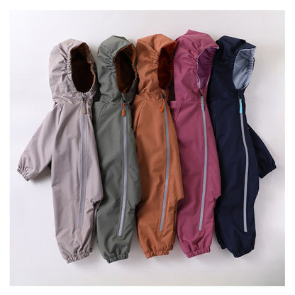 2026 Baby Hooded One Piece Suit Fleece Lined Warm Waterproof Windproof Zipper Coverall Rompers