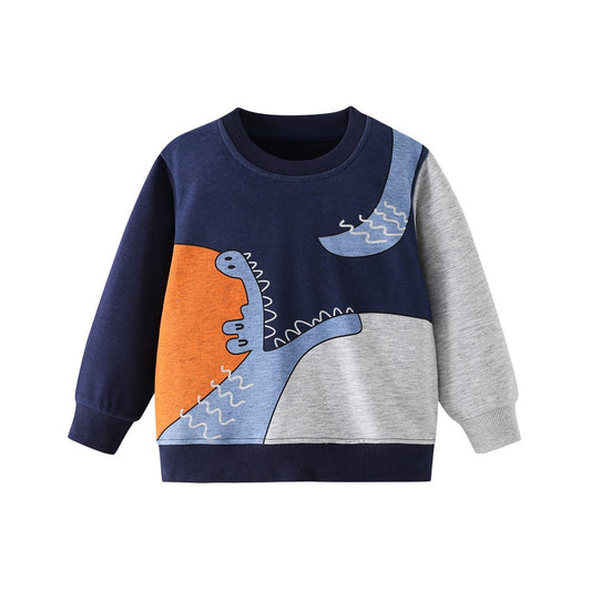 Kids Boys Cartoon Color Patchwork Crew Neck Long Sleeves Sweatshirt