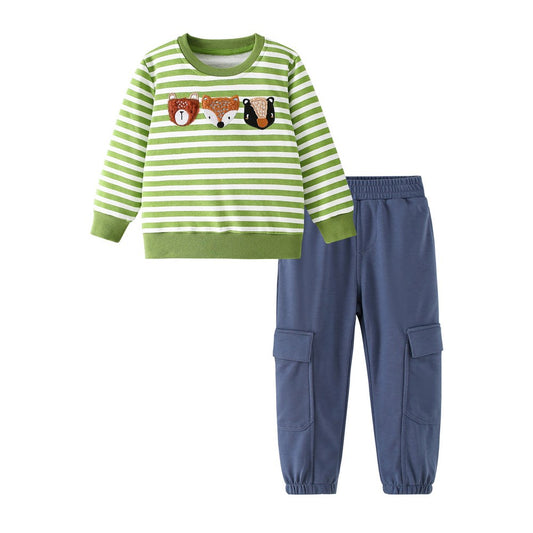 Baby Kids Boys Cartoon Pattern Long Sleeves Sweatshirt and Solid Color Pants 2-piece Clothing Set