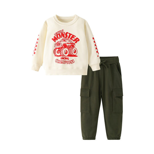 Baby Kids Boys Cartoon Pattern Long Sleeves Sweatshirt and Solid Color Pants 2-piece Clothing Set