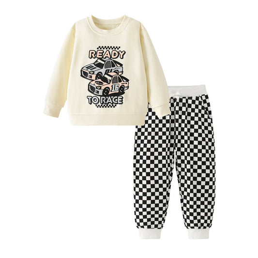 Baby Kids Boys Cartoon Pattern Long Sleeves Sweatshirt and Plaid Pants 2-piece Clothing Set