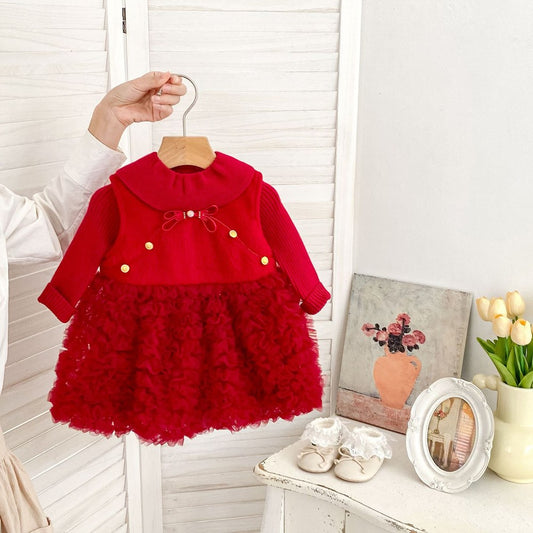 Baby Kids Girls Red Sleeveless Tulle Dress and Solid Color Top 2-piece Clothing Set