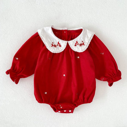 Baby Kids Girls Christmas Long Sleeves Flowers Embroidered Bodysuit