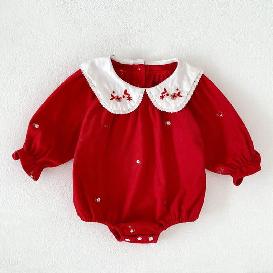 Baby Kids Girls Christmas Long Sleeves Flowers Embroidered Bodysuit