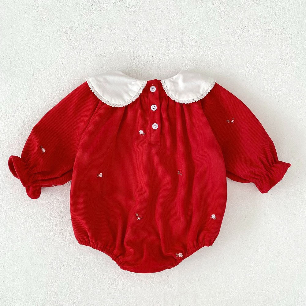 Baby Kids Girls Christmas Long Sleeves Flowers Embroidered Bodysuit