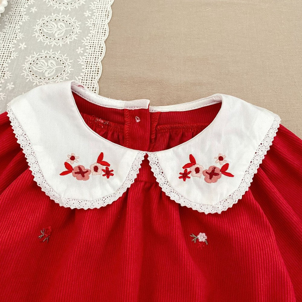 Baby Kids Girls Christmas Long Sleeves Flowers Embroidered Bodysuit