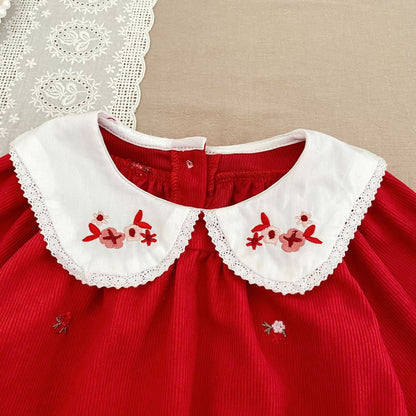 Baby Kids Girls Christmas Long Sleeves Flowers Embroidered Bodysuit
