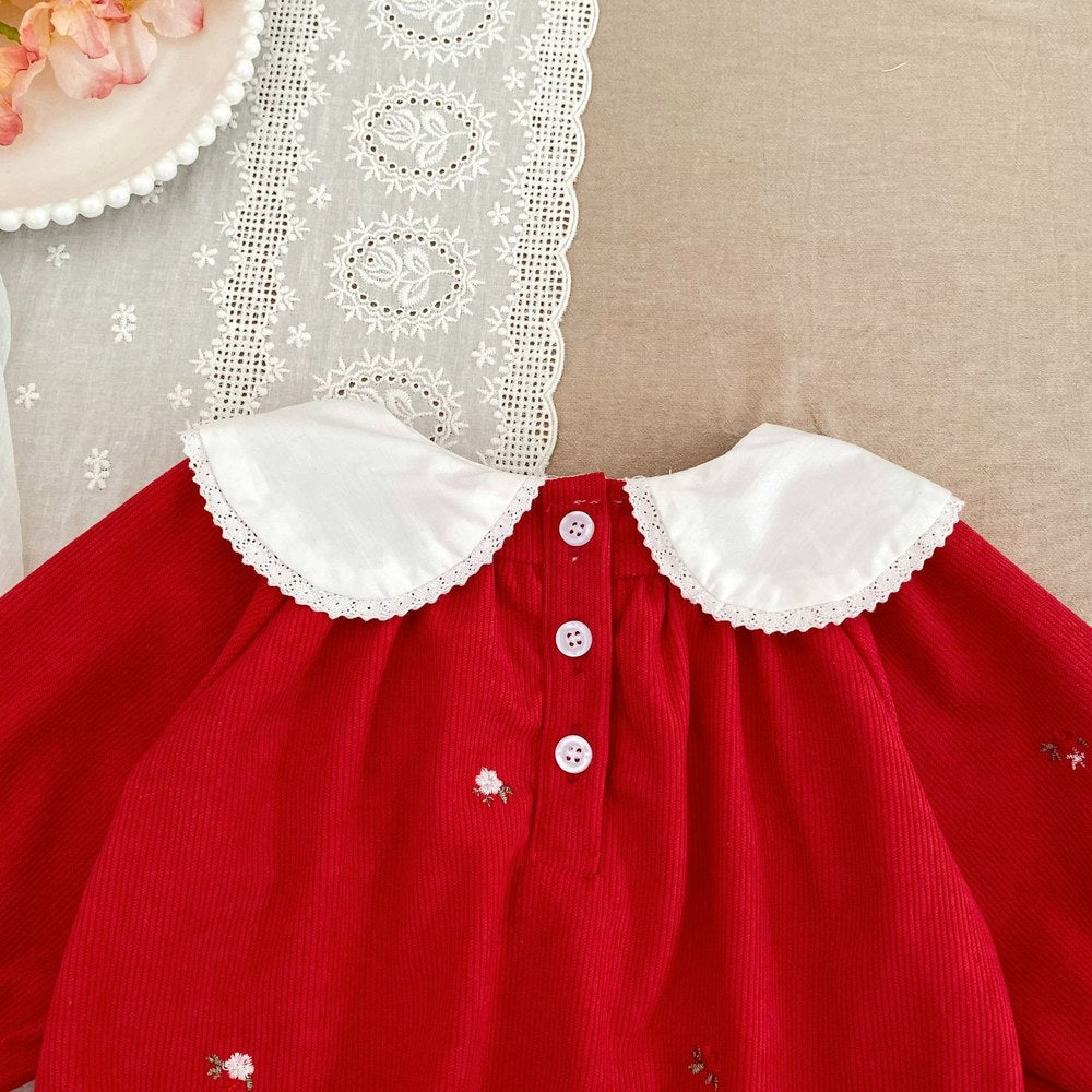 Baby Kids Girls Christmas Long Sleeves Flowers Embroidered Bodysuit