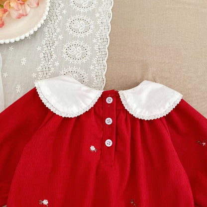 Baby Kids Girls Christmas Long Sleeves Flowers Embroidered Bodysuit