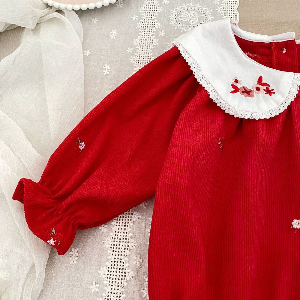 Baby Kids Girls Christmas Long Sleeves Flowers Embroidered Bodysuit