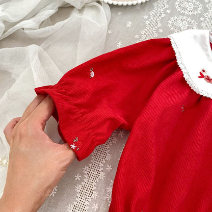 Baby Kids Girls Christmas Long Sleeves Flowers Embroidered Bodysuit