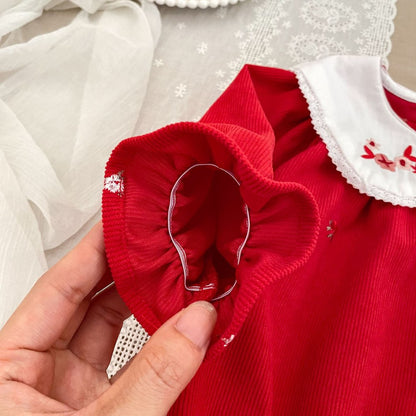 Baby Kids Girls Christmas Long Sleeves Flowers Embroidered Bodysuit