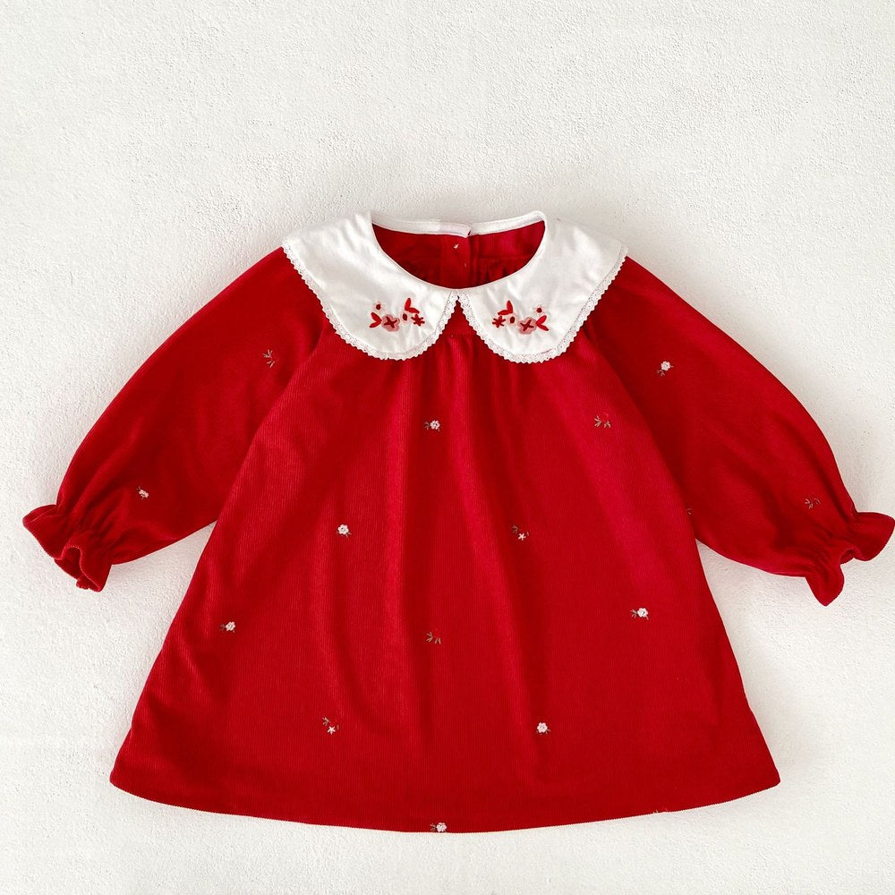 Baby Kids Girls Christmas Long Sleeves Flowers Embroidered Dress