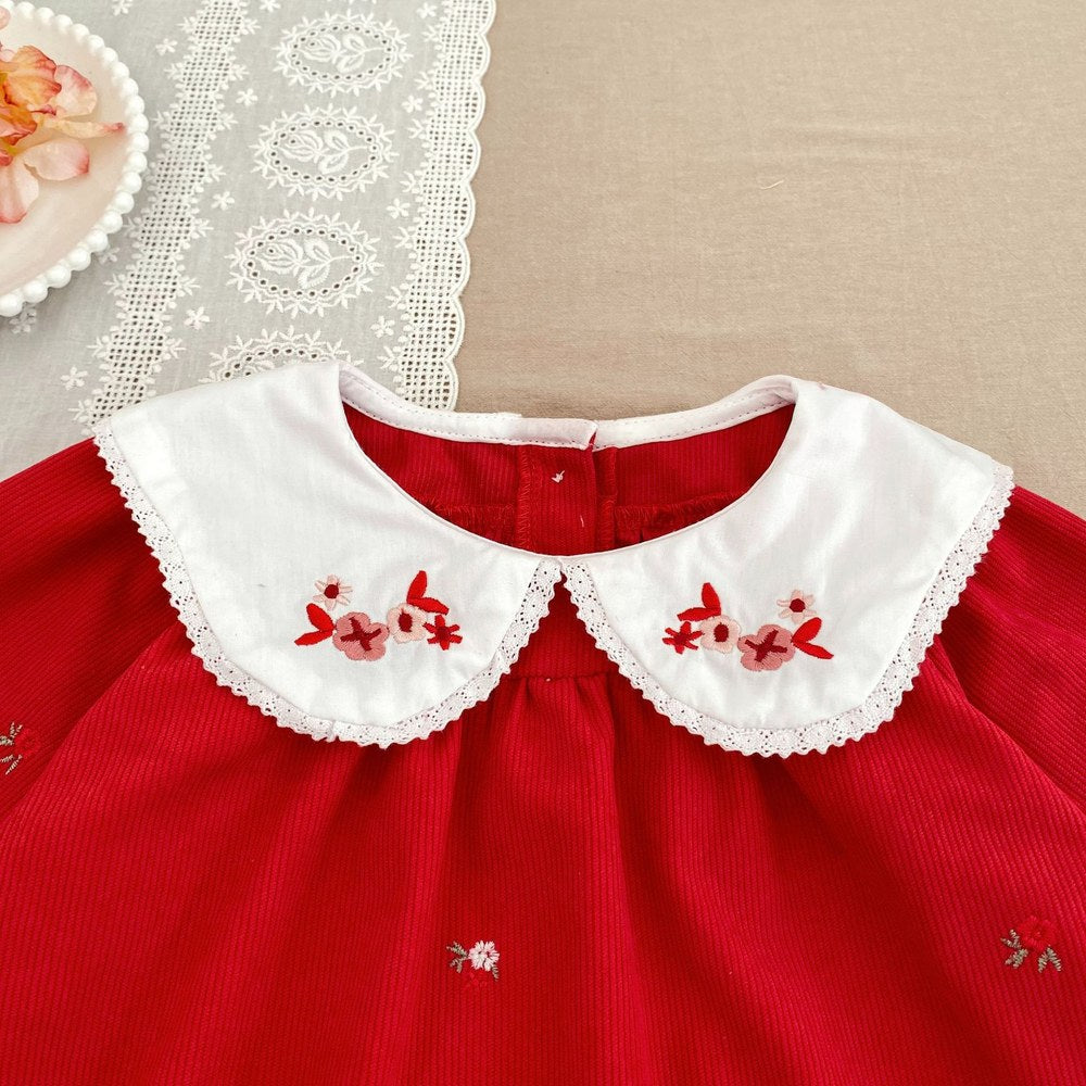 Baby Kids Girls Christmas Long Sleeves Flowers Embroidered Dress