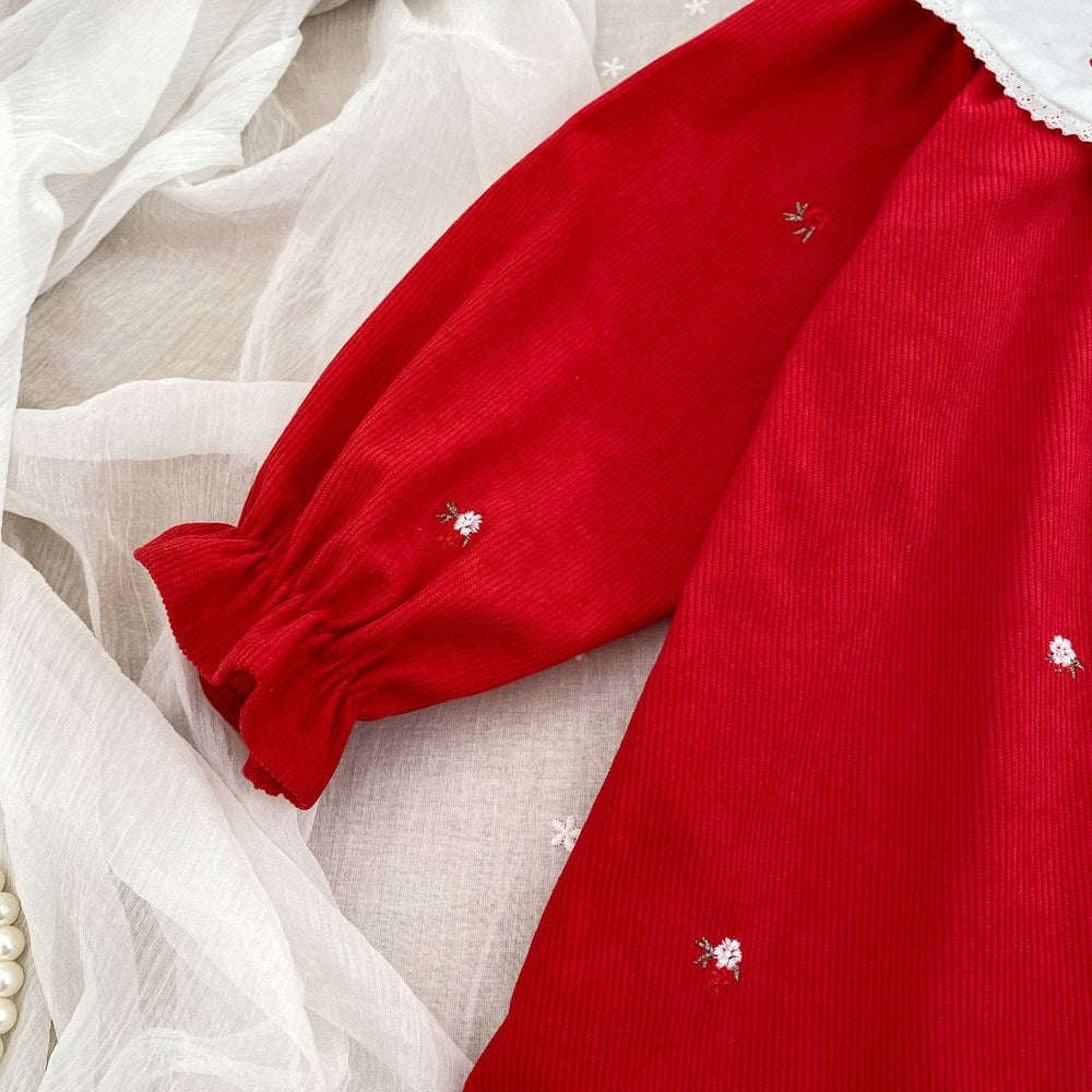 Baby Kids Girls Christmas Long Sleeves Flowers Embroidered Dress