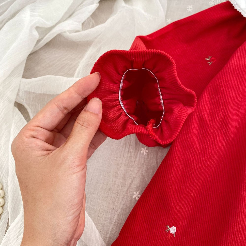 Baby Kids Girls Christmas Long Sleeves Flowers Embroidered Dress