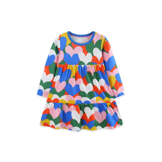Baby Kids Girls Long Sleeves Colorful Hearts Pattern Dress
