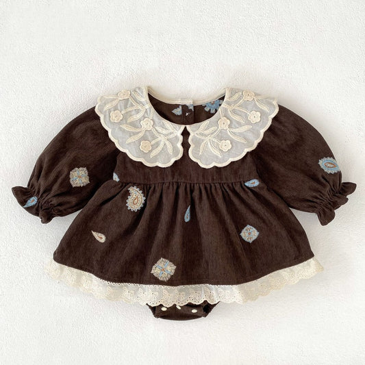 Baby Kids Girls Princess Long Sleeves Paisley Embroidered Pattern Bodysuit