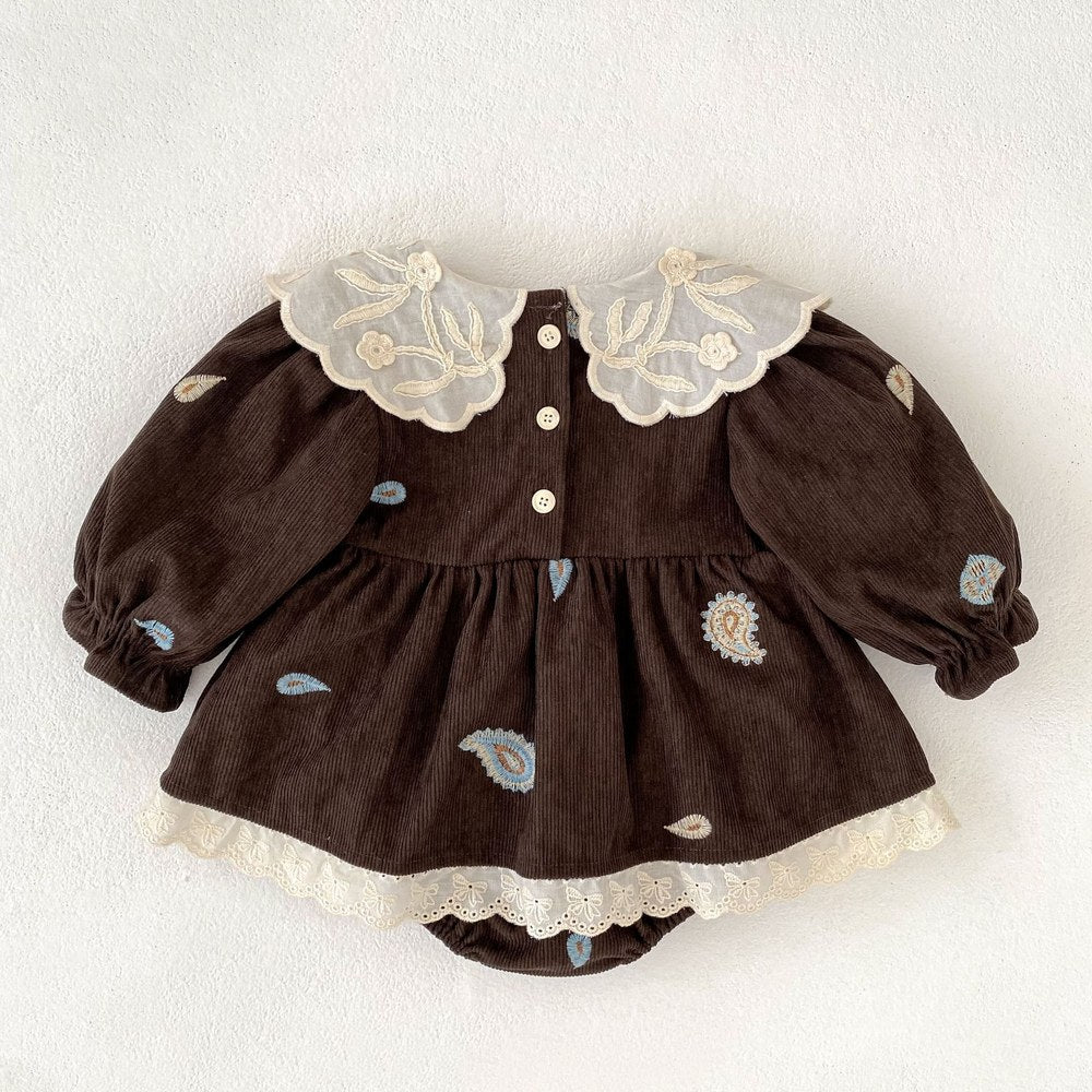 Baby Kids Girls Princess Long Sleeves Paisley Embroidered Pattern Bodysuit