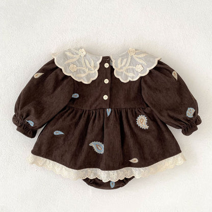 Baby Kids Girls Princess Long Sleeves Paisley Embroidered Pattern Bodysuit