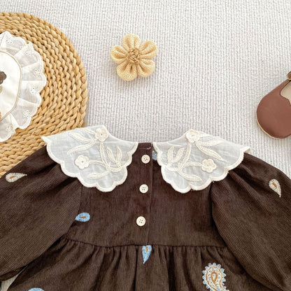 Baby Kids Girls Princess Long Sleeves Paisley Embroidered Pattern Bodysuit