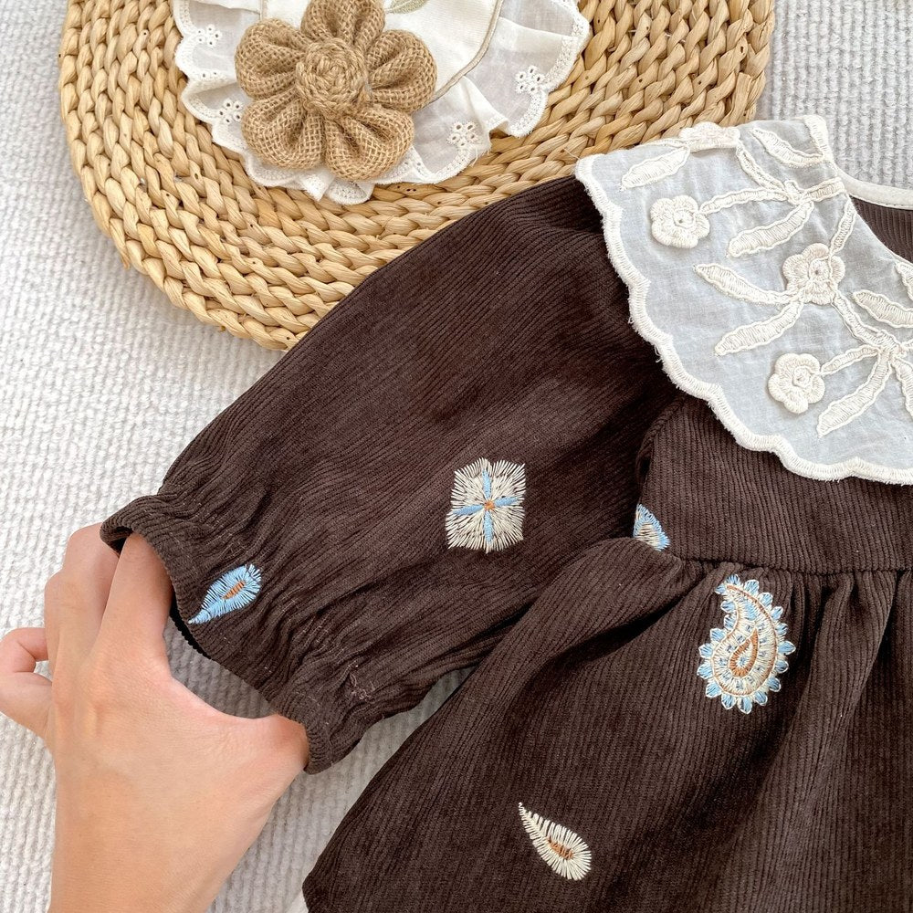 Baby Kids Girls Princess Long Sleeves Paisley Embroidered Pattern Bodysuit