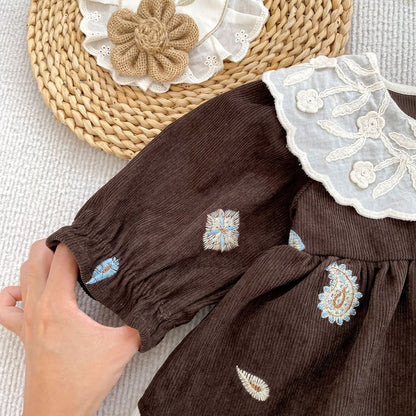 Baby Kids Girls Princess Long Sleeves Paisley Embroidered Pattern Bodysuit