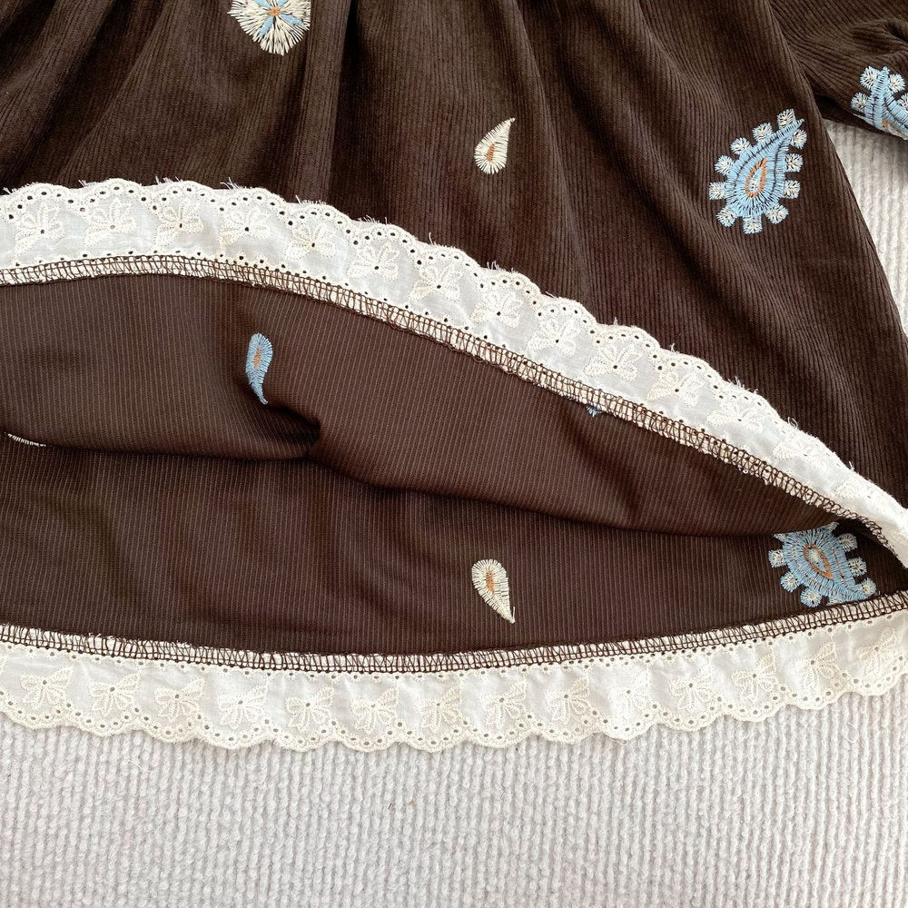 Baby Kids Girls Princess Long Sleeves Paisley Embroidered Pattern Dress