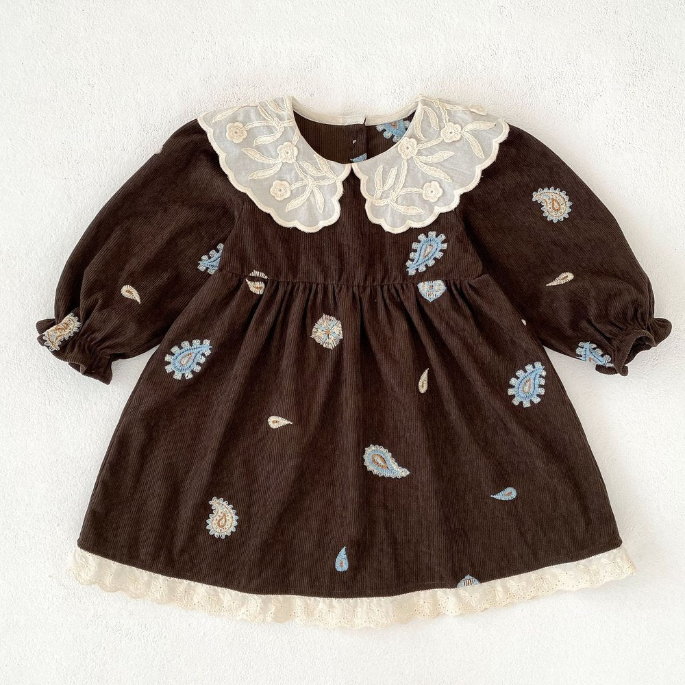 Baby Kids Girls Princess Long Sleeves Paisley Embroidered Pattern Dress