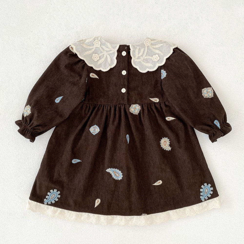 Baby Kids Girls Princess Long Sleeves Paisley Embroidered Pattern Dress