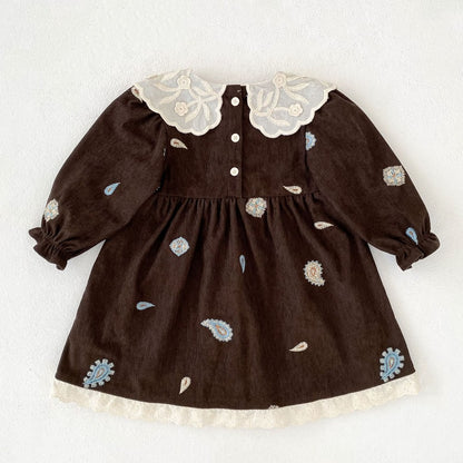 Baby Kids Girls Princess Long Sleeves Paisley Embroidered Pattern Dress