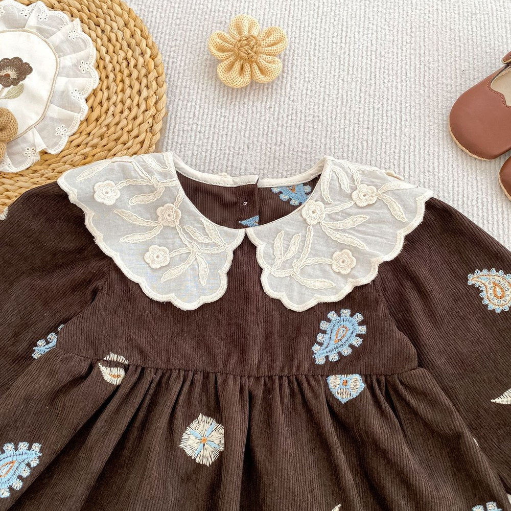 Baby Kids Girls Princess Long Sleeves Paisley Embroidered Pattern Dress