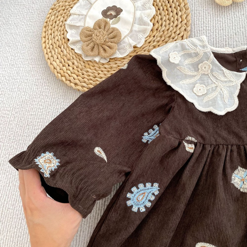 Baby Kids Girls Princess Long Sleeves Paisley Embroidered Pattern Dress