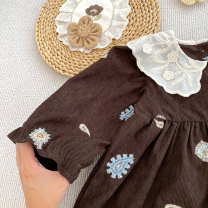 Baby Kids Girls Princess Long Sleeves Paisley Embroidered Pattern Dress
