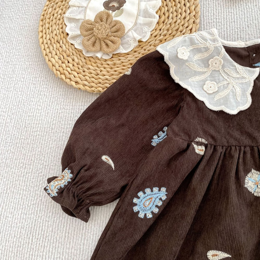 Baby Kids Girls Princess Long Sleeves Paisley Embroidered Pattern Dress