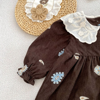 Baby Kids Girls Princess Long Sleeves Paisley Embroidered Pattern Dress